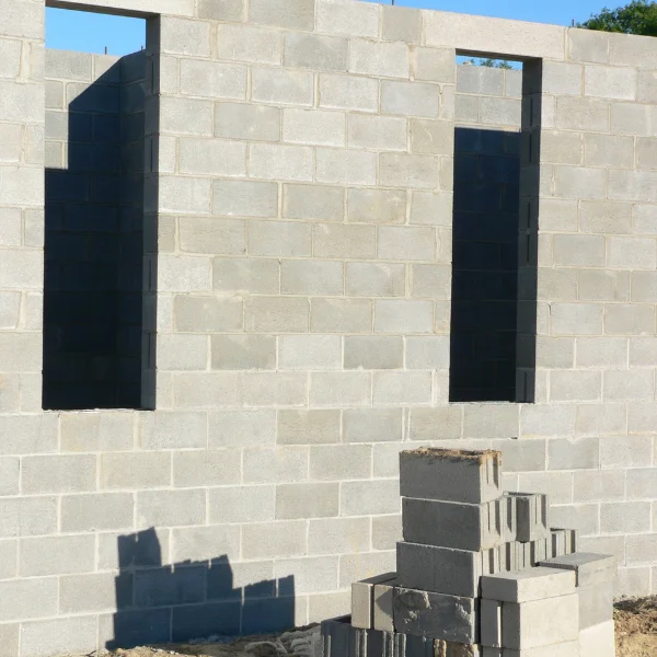 An image showing a repaired slab-on-grade foundation with a house in the background.