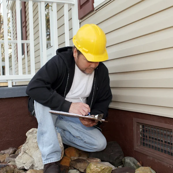 An image showing a professional inspecting a home's foundation.