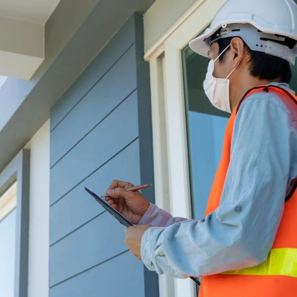 An image showing a professional engineer inspecting a home's foundation for structural integrity.