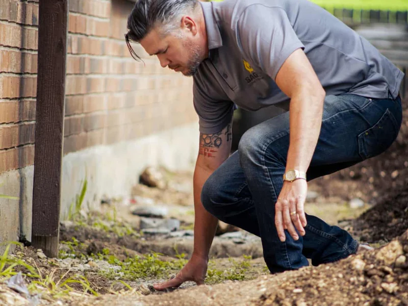 An image showing a technician identifying a foundation problem and assessing pier and beam foundation damage.