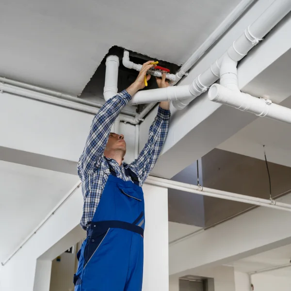 An image showing a plumber inspecting pipes for leaks.