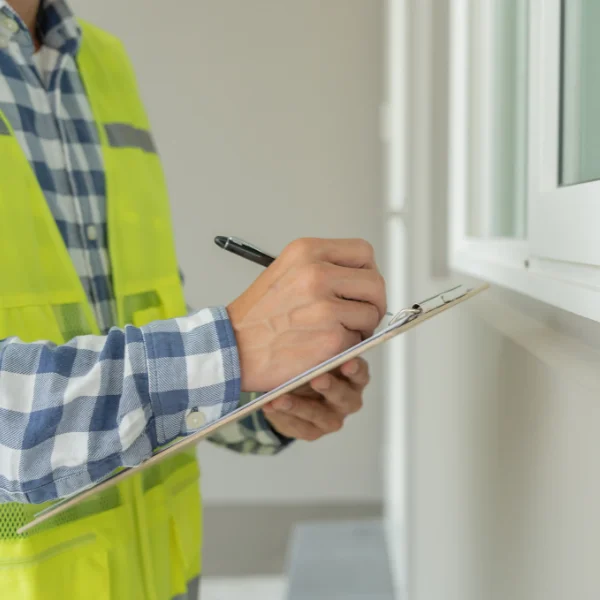 An image showing a professional inspecting a home's foundation, looking for any foundation problem.