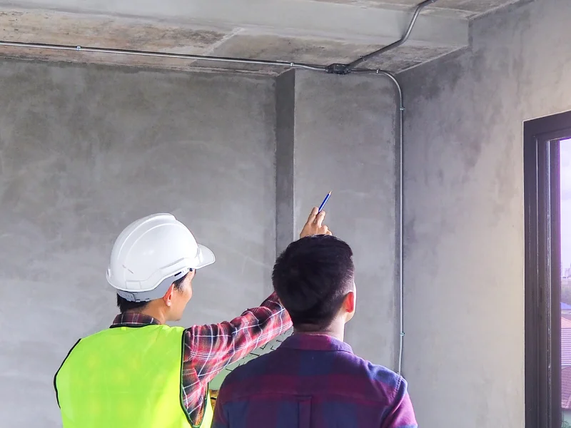 An image showing a team of foundation repair specialists inspecting a home's foundation.