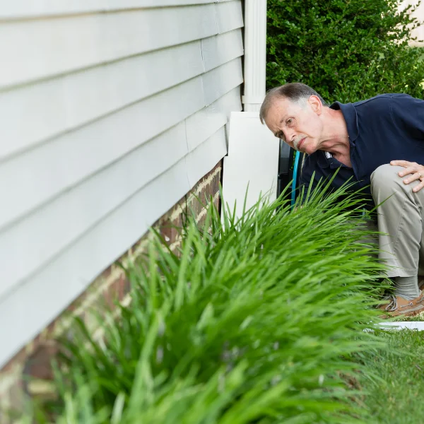 An image showing a homeowner inspecting their house foundation after extreme weather events.