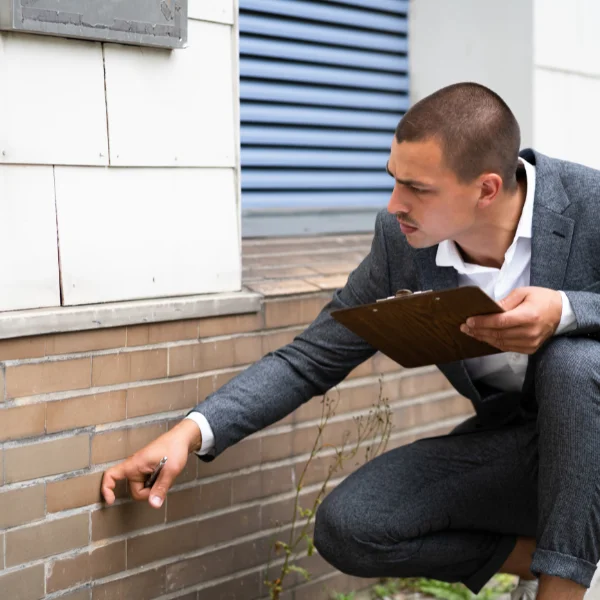 An image showing a real estate investor inspecting a property's foundation.