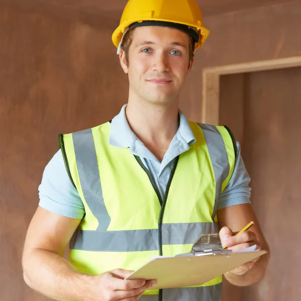 An image showing a certified inspector evaluating a property's foundation.